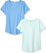 Essentials Women's Classic-Fit 100% Cotton Short-Sleeve V-Neck T-Shirt (Available in Plus Size), Pack of 2